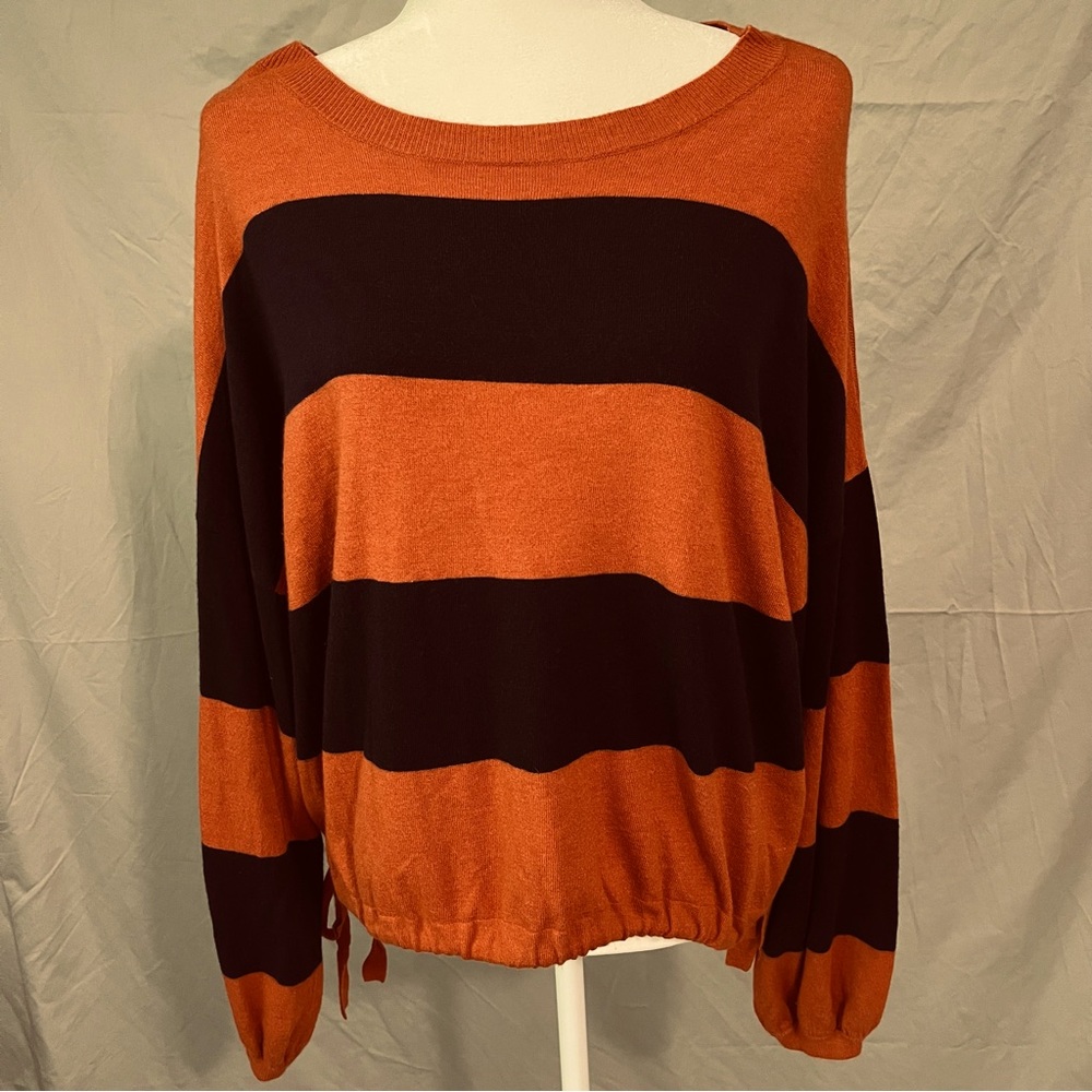Aerie burnt orange and navy blue striped sweater with draw string waist Sz lg